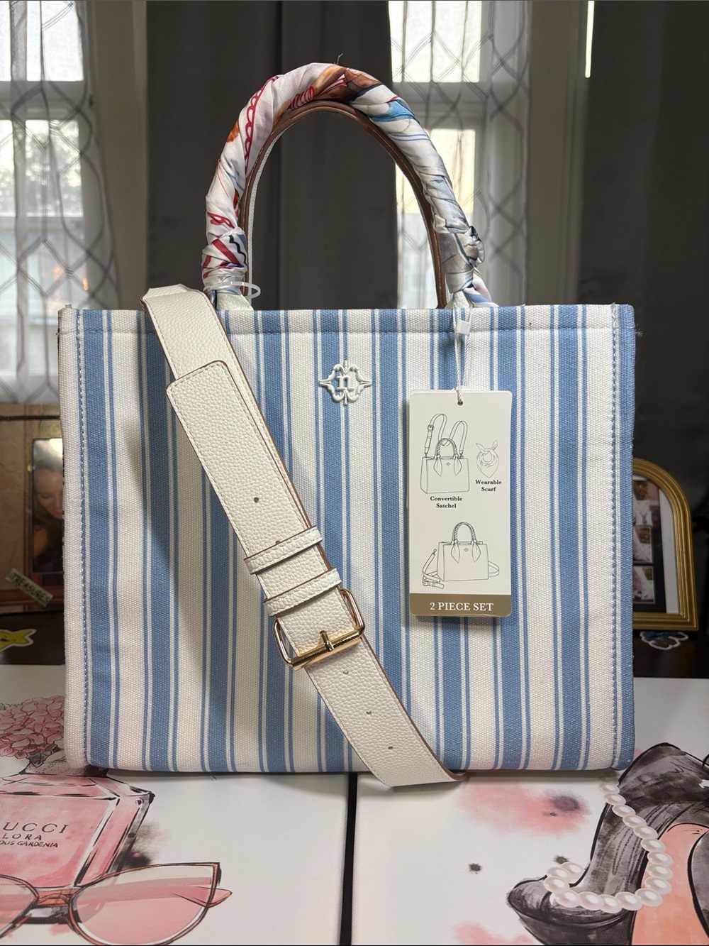 NWT 2FER Nanette Lepore 2 Piece Blue White Striped Crossbody Handbag + SCARF - Picture 2 of 16